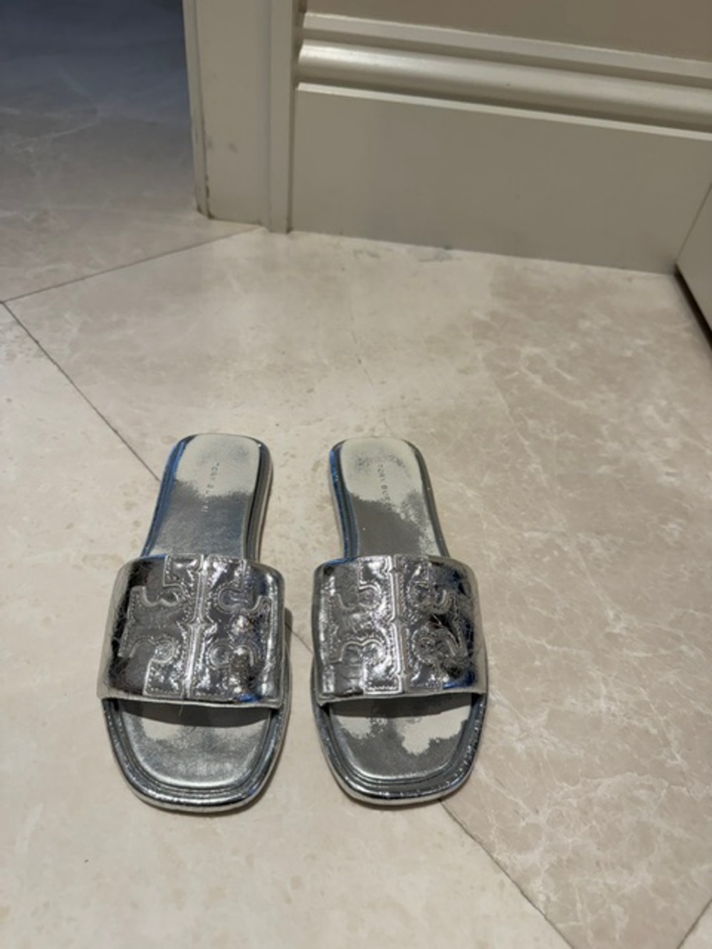 Tory Burch Silver Logo Slide Sandals